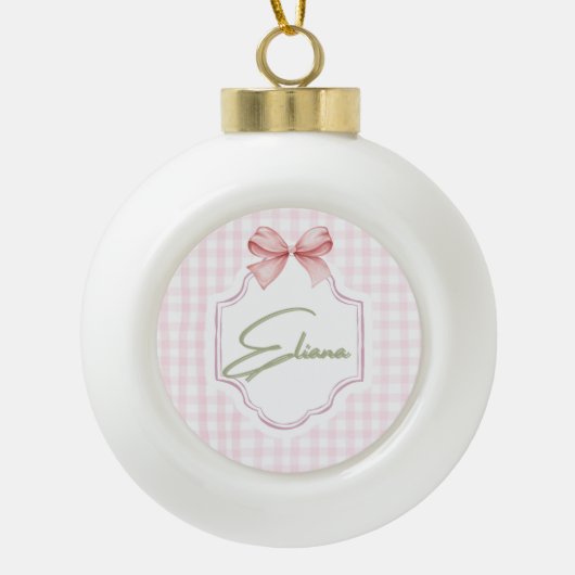 Eliana Gepersonaliseerde Roze Bow & Gingham Print Keramische Bal Ornament (Voorkant)