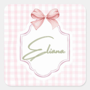 Eliana Gepersonaliseerde Roze Bow & Gingham Print Vierkante Sticker