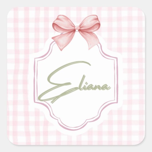 Eliana Gepersonaliseerde Roze Bow & Gingham Print Vierkante Sticker (Voorkant)