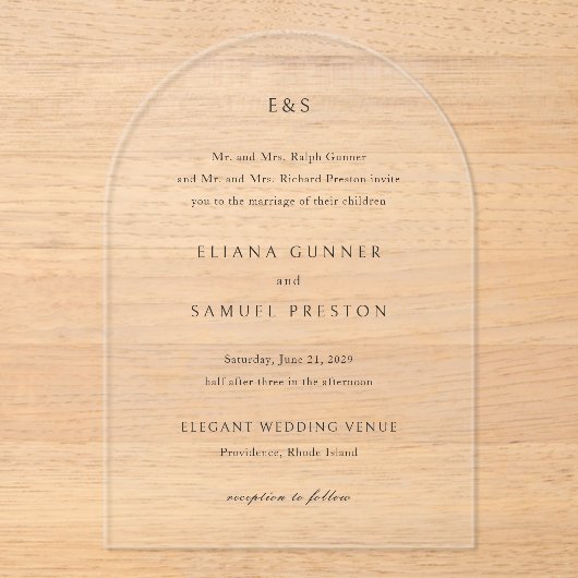 Eliana Monogram Klassieke bruiloft Acryl Uitnodigingen (Voorkant)