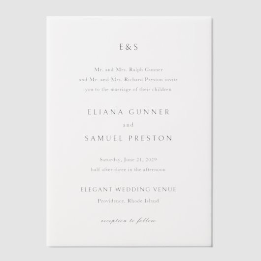 Eliana Monogram Klassieke bruiloft Vellum Uitnodigingen (Voorkant)