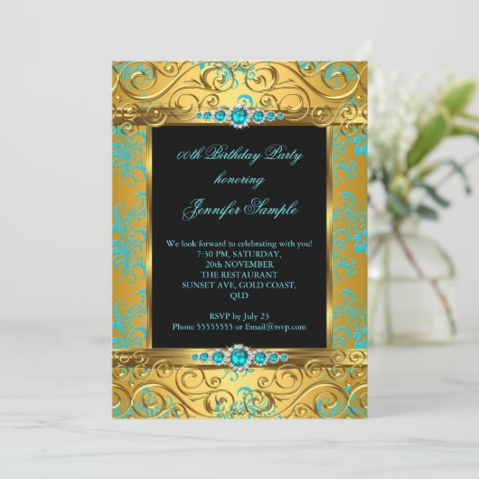 Elite Blauwgroen Blue Damask Pearl Birthday Party  Kaart (Staand voorkant)