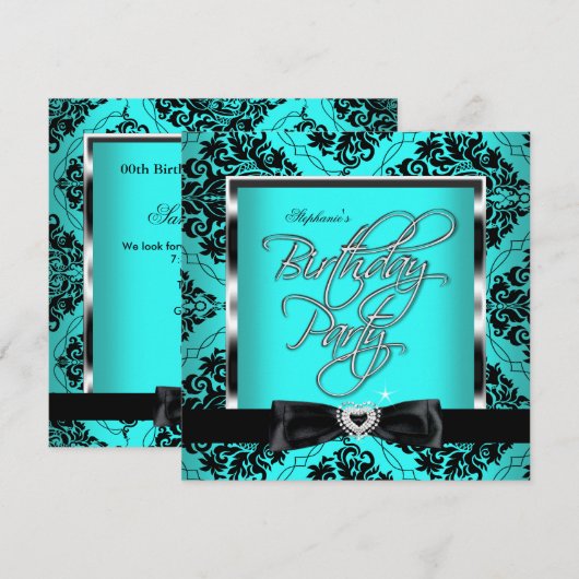 Elite Blauwgroen Blue Damask Silver Black Birthday Kaart (Voorkant / Achterkant)