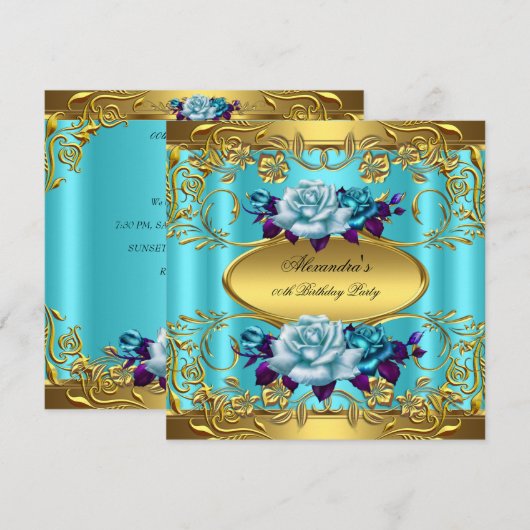 Elite Blauwgroen Blue Rozen Gold Birthday Party Kaart (Voorkant / Achterkant)