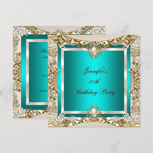 Elite Blauwgroen Cream Gold Pearl Birthday Party Kaart (Voorkant / Achterkant)