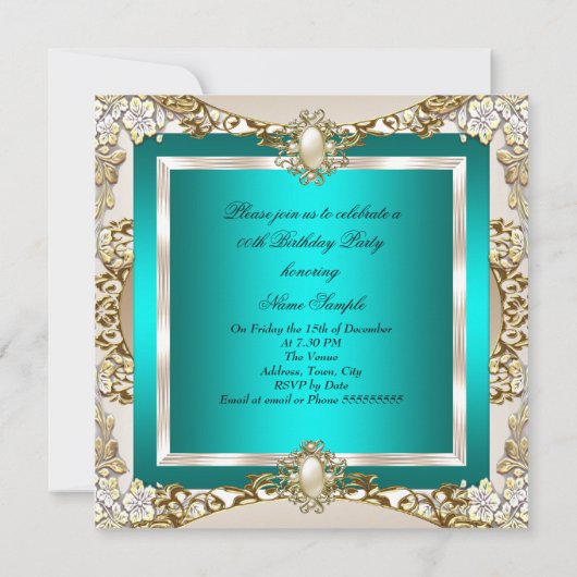 Elite Blauwgroen Cream Gold Pearl Birthday Party Kaart (Achterkant)