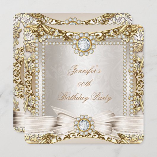 Elite Cream Gold Diamond Bow Damask Birthday Party Kaart (Voorkant / Achterkant)