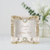 Elite Cream Gold Diamond Bow Damask Birthday Party Kaart (Staand voorkant)