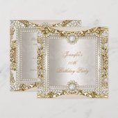 Elite Cream Gold Diamond Damask Birthday Party Kaart (Voorkant / Achterkant)