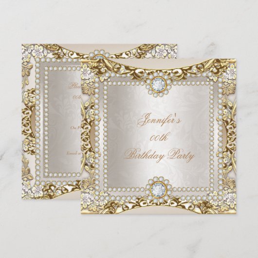Elite Cream Gold Diamond Damask Birthday Party Kaart (Voorkant / Achterkant)