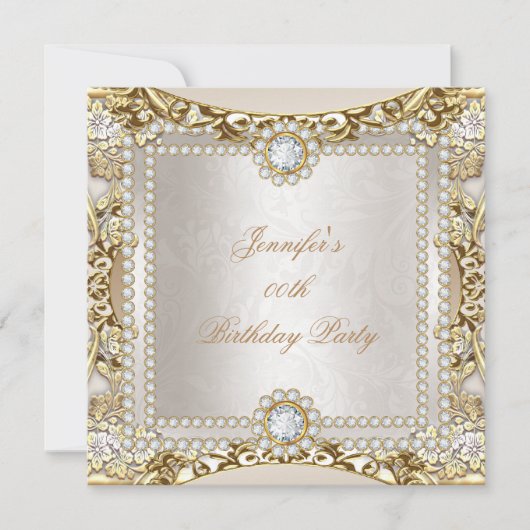 Elite Cream Gold Diamond Damask Birthday Party Kaart (Voorkant)