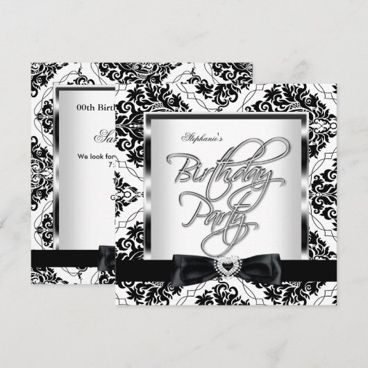 Elite Damask Silver Black White Birthday Party Kaart (Voorkant / Achterkant)
