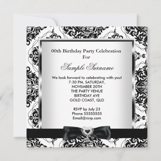 Elite Damask Silver Black White Birthday Party Kaart (Achterkant)