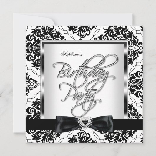 Elite Damask Silver Black White Birthday Party Kaart (Voorkant)