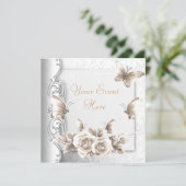 Elite Elegant Birthday Party Beige White Flowers Kaart (Staand voorkant)