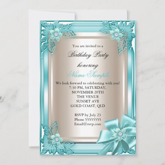 Elite Elegant Birthday Party Blauwgroen Cream Bow  Kaart (Voorkant)