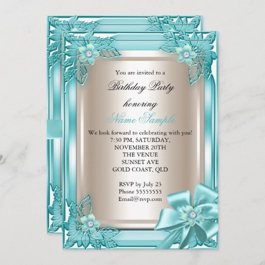 Elite Elegant Birthday Party Blauwgroen Cream Bow  Kaart (Voorkant / Achterkant)