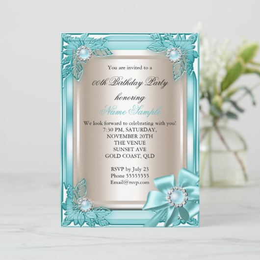 Elite Elegant Birthday Party Blauwgroen Cream Bow  Kaart (Staand voorkant)