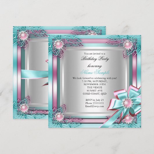 Elite Elegant Birthday Party Blauwgroen roze Silve Kaart (Voorkant / Achterkant)