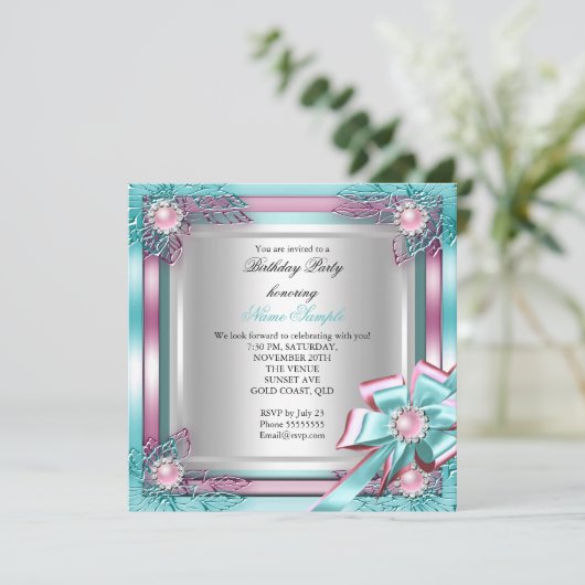Elite Elegant Birthday Party Blauwgroen roze Silve Kaart (Staand voorkant)