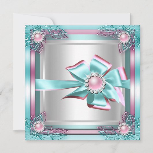 Elite Elegant Birthday Party Blauwgroen roze Silve Kaart (Achterkant)