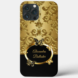Elite Elegant Damask Floral Butterfly Gold Zwart iPhone 16 Hoesje