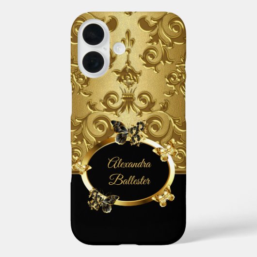 Elite Elegant Damask Floral Butterfly Gold Zwart Case-Mate iPhone Case (Achterkant)