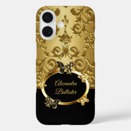 Elite Elegante Damast Bloem Vlinder Goud Zwart iPhone 16 Hoesje