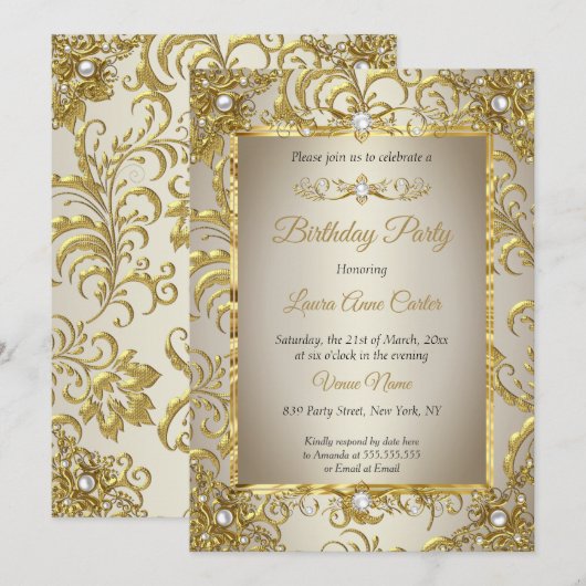 Elite Gold Damask Cream Pearl Birthday Party Kaart (Voorkant / Achterkant)