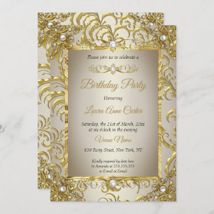 Elite Gold Damask Cream Pearl Birthday Party Kaart