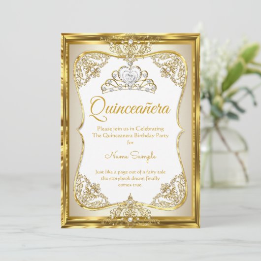 Elite Gold White beige Cream Princess Quinceanera Kaart (Staand voorkant)