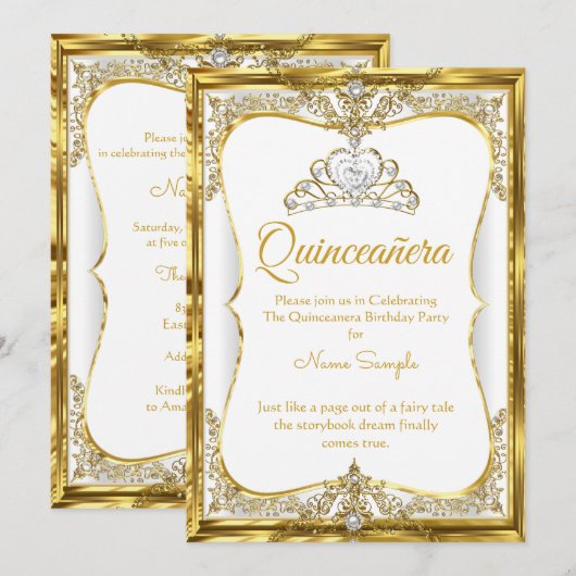 Elite Gold White Pearl Princess Quinceanera Kaart (Voorkant / Achterkant)