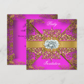 Elite Hot Pink Gold Damask Birthday Party Kaart (Voorkant / Achterkant)