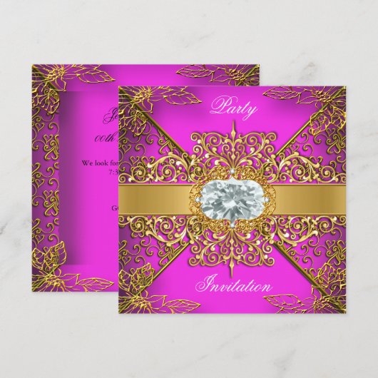 Elite Hot Pink Gold Damask Birthday Party Kaart (Voorkant / Achterkant)