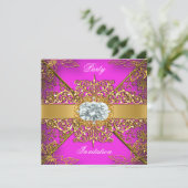 Elite Hot Pink Gold Damask Birthday Party Kaart (Staand voorkant)