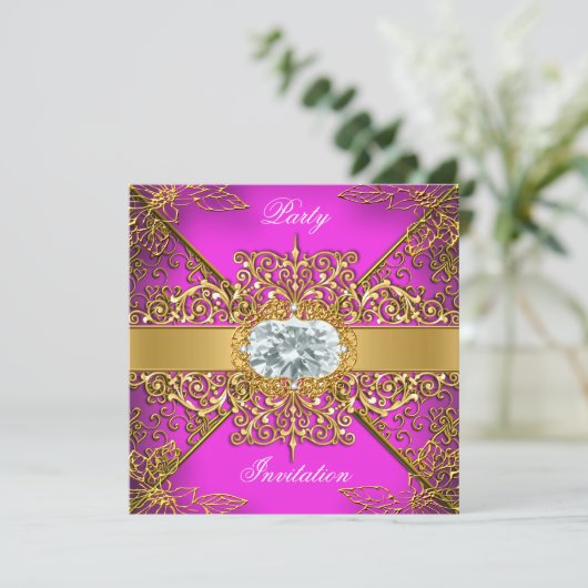 Elite Hot Pink Gold Damask Birthday Party Kaart (Staand voorkant)