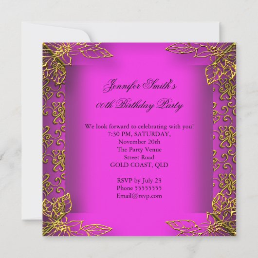 Elite Hot Pink Gold Damask Birthday Party Kaart (Achterkant)