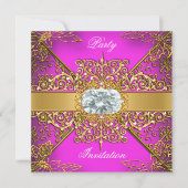 Elite Hot Pink Gold Damask Birthday Party Kaart (Voorkant)