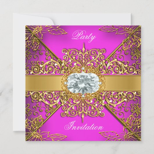 Elite Hot Pink Gold Damask Birthday Party Kaart (Voorkant)