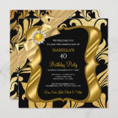 Elite Pearl Gold Bow Black Damask Birthday Invite Kaart (Voorkant / Achterkant)