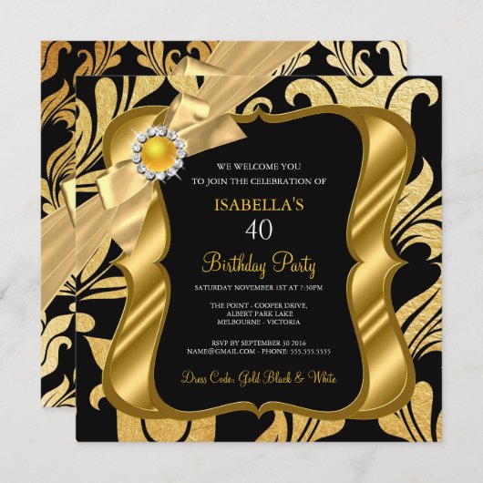 Elite Pearl Gold Bow Black Damask Birthday Invite Kaart (Voorkant / Achterkant)