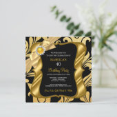 Elite Pearl Gold Bow Black Damask Birthday Invite Kaart (Staand voorkant)
