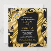 Elite Pearl Gold Bow Black Damask Birthday Invite Kaart (Voorkant)