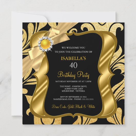 Elite Pearl Gold Bow Black Damask Birthday Invite Kaart (Voorkant)