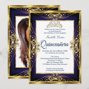Elite Quinceanera 15e Gouden Navy Blauwe Tiara Fot Kaart