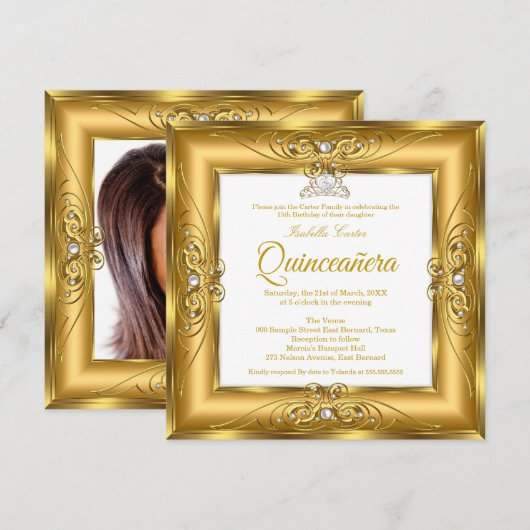 Elite Quinceanera 15th Gold Pearl Gem Tiara Foto Kaart (Voorkant / Achterkant)