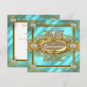 Elite Quinceanera Blauwgroen blauw Goud Damask 15e Kaart (Voorkant / Achterkant)