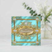 Elite Quinceanera Blauwgroen blauw Goud Damask 15e Kaart (Staand voorkant)