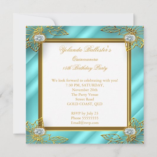 Elite Quinceanera Blauwgroen blauw Goud Damask 15e Kaart (Achterkant)