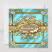 Elite Quinceanera Blauwgroen blauw Goud Damask 15e Kaart (Voorkant)